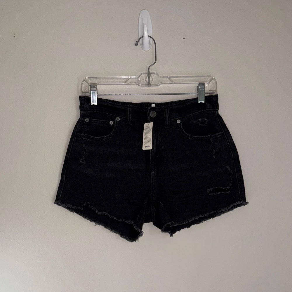 aerie Black High-Rise Distressed Denim Shorts